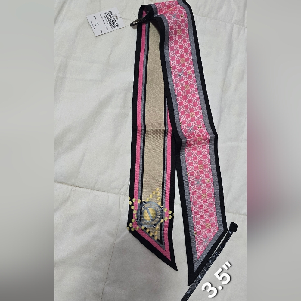 Henri Bendel 30" Monogram Skinny Mini Twilly PINK/TAN Scarf. NEW w Tags - Picture 2 of 4